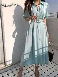Yitimuceng vestidos longos para mulheres Botão de verão até a noite coreana da moda elegante MIDI vestido simples senhora de escritório com cinto 210601