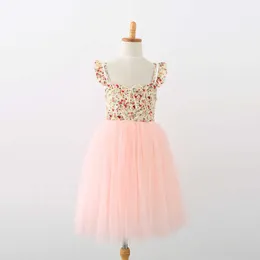 Ins fashion girls floral mesh lång klänning barn barn blomma kors tillbaka tulle prinsessa fest baby sling 210529