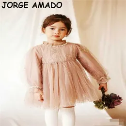 Flower Girl Dresses Autumn Pearl Collar Long Sleeve Embroidery Star Fluffy Princess Dress Kids Clothes 2-6T E20722 210610