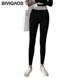 Bivigaos Koreansk Ljus Silk Bomull Leggings Kvinnor Hög midja Chic Sequin Bling Thread Elastic Slim Pencil Pant 210925