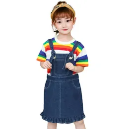 Barnkläder Tjejer Rainbow Tshirt + Denim Jumpsuit Outfits Casual Style Kläder Sats Sommar Barnens tjej 210528