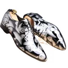 British Shoes Leather Mens Dress Printing Navy Bule Black Brow Oxfords Flat Office Party Wedding Round Toe Fashion Outdoor Gai 607