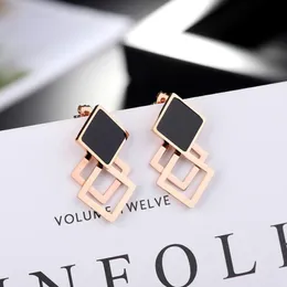 Stud Black Square Stacked Double Hollow Titanium Steel Earrings For Women Geometric Rose Gold Korean Design Sense Niche