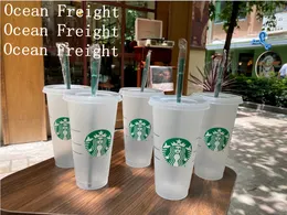 Starbucks 인어 여신 24oz / 710ml 플라스틱 머그컵 텀블러 재사용 가능한 명확한 마시는 평면 바닥 기둥 모양 뚜껑 밀짚 컵 바슬라 오션화물