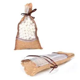 Gift Wrap 3.5"x6.2" Clear Window Natural Jute Bag Burlap Drawstring For Coffee Beans Jewelry Packaging Wedding Favor Sack 12Pcs