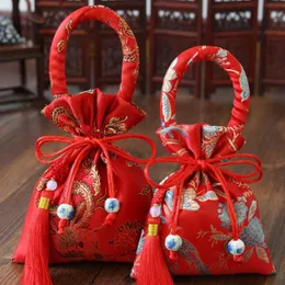 Present Wrap Drawstring med Tassels Party Tillbehör Brud och brudgum Brocade Wedding-Favor Handle Bag Candy Package