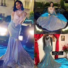 Sparkly Pailletten Lange Meerjungfrau Prom Kleider 2021 Perlen Kristall Afrikanische High Neck Frauen Formale Party Abendkleider