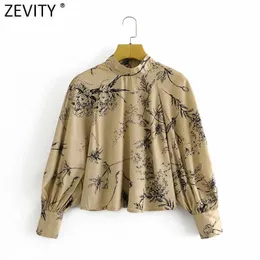 Zevity Kobiety Vintage Stojak Kołnierz Kwiat Drukuj Smock Bluzki Damskie Koszula Biznesowa Koszula Chic Femme Bulls Blusas Topy LS7500 210603