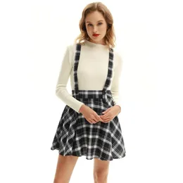 Spódnice Kobiety Vintage Suzydza Spódnica Odpinany Pasek na ramię A-Line Mini Fashion Gird Plaid Drukowanie Krótkie Swing Damskie