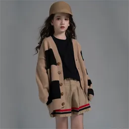 Teenager und Kinder Pullover Mädchen Strickjacke Baby Herbst Mantel Kinder Tops Knöpfe England Stil Schwarz Khaki,#6474 211106