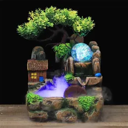 Harz Handwerk Feng Shui Brunnen Home Office Decor Indoor Water Brunnen Rockery Landschaft Ornament Zen Meditation Wasserfall Geschenk 210811