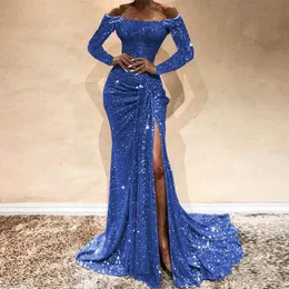 Блестящие королевские синие платья выпускного вечера русалки, сексуальное вечернее платье с открытыми плечами и разрезом, расшитое блестками, вечернее платье с длинным рукавом