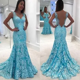 Nowa Full Lace Mermaid Prom Dresses Long V Neck Lace Aplikacja Backless Sweep Pociąg Formalna Sukienka Wear Robe de Soirée