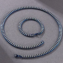 Łańcuchy 8MM kubański Link Curb Chain naszyjnik zestaw bransoletek dla mężczyzn złoty niebieski ze stali nierdzewnej męskie naszyjniki bransoletki akcesoria dla mężczyzn