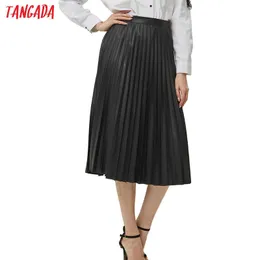 Tangada 여성 블랙 기본 Pleated Midi Skirt Faldas Mujer 빈티지 사이드 지퍼 플라이 솔리드 여성 캐주얼 세련된 중간 송아지 스커트 6A68 210609