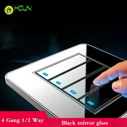 Tap the switch at any point Type 86 Black Mirror Glass 4Gang 1Way 2Way Wall Switch Panel with led fluorescent