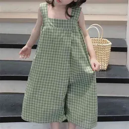 Flickor 'sommarbyxor Plaid Sling Korean Jumpsuit Wide Leg Baby Barnkläder Barnkläder 210625