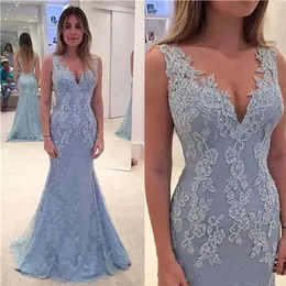 Elegant ljusblå V Neck Lace Appliques Mermaid Evening Dresses Beaded Long Party Prom Gowns Morklänningar Formell Vestidos de