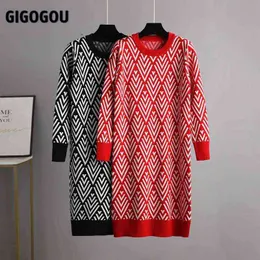 Gigogou Jacquard Delle Donne Dritte Dritta Dritta Dritta O Collo Manica lunga Donne Delle Donne Abito Autunno Inverno Geomatrico Pullover Abito da pullover G1214