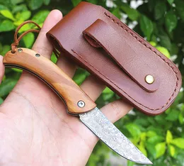 Specail Off Damaskus Folding Kniv VG10-Damascuss Steel Drop Point Blade Olive Wood + Rostfria Stål Hantera EDC Pocket Knivar med lädermantel