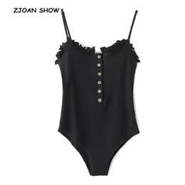 Sexy Open Button Ruffles Backless Spaghetti Strap Bodysuit Woman Sling Tight Short Jumpsuit Slim fit Rompers Playsuits 210728