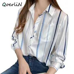 Dikey Çizgili Şifon Bluz Meslek Kontrast Mavi Beyaz Uzun Kollu Gömlek Zarif Tek Göğüslü Button Blusas Mujer 210601