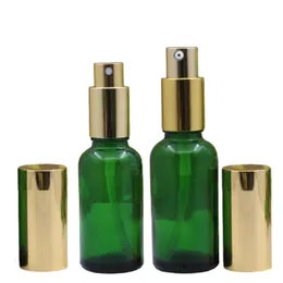 Opakowanie kosmetyczne Butelka Załącznia Gold Spray Lotion Pompa Pokrywa 5ml 10ml 15ml 20ml 30 ml 50 ml 100 ml Przenośne puste zielone szkło olejek fiolki pojemnik