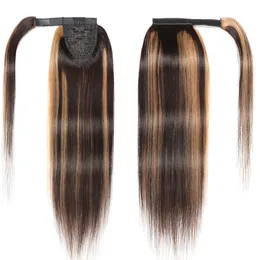Podświetlenie Proste włosy owinięte kucyk 100% Ludzkie włosy Pony ogon Brazylijski Remy Hair Extensions 16-24 cali