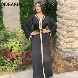 Siskakia Fashion Muslim Hijab Dress Eid 2021 Elegant Women Black Diamond Ribbon Moroccan Kaftan Turkey Arabic Islamic Clothing G1214