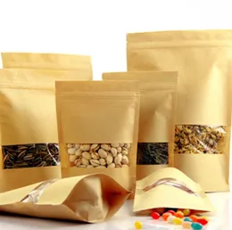 Kraft Paper Bag Zipper Stand Up Food Pouches with Transparent Window Reusable Bags for Food Tea