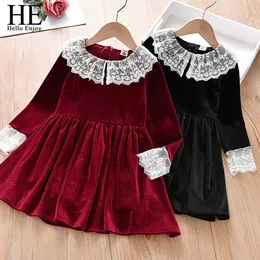 HE Hello Enjoy Girl Gold Velvet Autumn Dress 2020 Girls Kids teens Lace Flower Princess Elegant Dresses Children Clothes 4-12Y Q0716