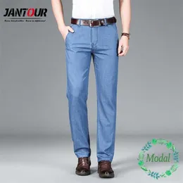 Sommar Mäns ljusblå tunna jeans Avancerade modala tyg Högkvalitativa Business Casual Stretch Byxor Man Brandbyxor 40 42 211111