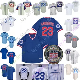 Koszulka Ryne Sandberg 1984 1987 prążkowany niebieski Cooperstown Vintage biały niebieski 2005 Hall of Fame łatka damska rozmiar S-3XL