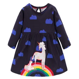 Hoppmätare Långärmad Unicorns Flickor Bomull Kläder Raibow Baby Klänningar Söt Cloud Print Barnkläder 210529
