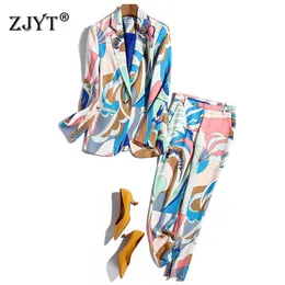 Spring Elegant Office Lady Pants 2 Piece Set Women Runway Fashion Geometric Print Blazer and Trousers Suit Party Twinset 210601