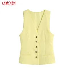 Tangada 여자 노란색 짧은 조끼 코트 사무실 숙녀 허리 양토 민소매 블레이저 outwear 우아한 상단 CE164 211120