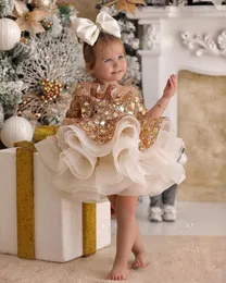 2021 Złote cekinowe Sukienki Blowly Flower Girl Suknia balowa Sheer Szyja Tiul długie rękawy Lilttle Dzieci urodziny