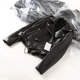 Alegogo秋の女性黒人PUフェイクレザージャケットストリートウェアモトビッカースリムフィットベルト210909の襟コートの外装