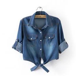 Summer Casual cropped sleeves Shirt women Denim cotton short Shirts button up blouses plus size womens sexy Blouse tops 21302
