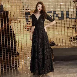 Evening Party Night Sexy Dress Maxi Long V-neck Short Sleeve Black Solid Jacquard Women Embroidery Dresses Elegant Summer 210603