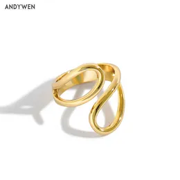 Andywen 925 Ayar Gümüş Geometrik Düzensiz Açık Bileklik Ayarlanabilir Yüzük Kadın Moda Güzel Takı Parti 210608