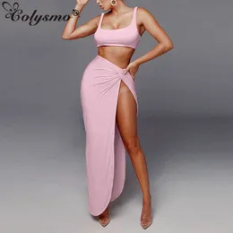 Colysmo Long Skirts Two Piece Set Women Crop Top Twist Sets Summer Solid Color Sexy Party Club Wear 2 Outfits 210527