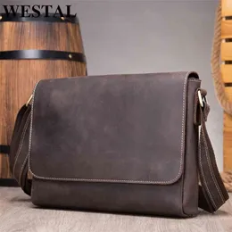WESTAL Crazy Horse Leather Men's Briefcases Laptop Bag Office Bags for Men Cover Messenger Bags Men's Leather Bag Computer Bags 210809