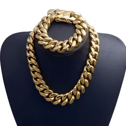 22mm Exaggerated Super-Wide Men Cuban Link Chain Jewlery Set Hip Hop Stainless Steel Choker Necklace Bracelet 18K Gold Plated 16"-30"