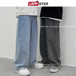 LAPPSTER Men Korean Streetwear Wide Legs Baggy Jeans Mens Autumn Harajuku Vintage Blue Denim Pants Male Casual Cargo 211108