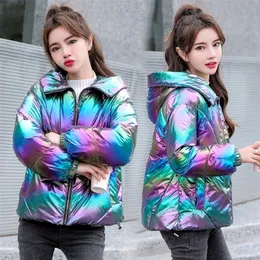 Women Winter Jacket Coats Hooded Tie dye Shiny Fabric Parkas Thick Warm Down Cotton jackets Zipper Padded Pocket Cold Outwear 210204