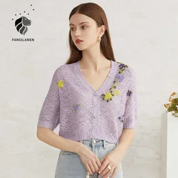 FANSILANEN Sexy aushöhlen Blumenstickerei gestrickte Bluse Shirt Frauen Sommer Boho Button Up weibliche lila V-Ausschnitt Top 210607