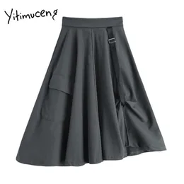Yitimuceng Нерегулярная юбка женская боковая раскол кармана мини высокая талия A-Line сплошной весна летние корейские моды юбки 210601