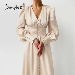 Elegant spring satin bishop sleeve a-line dres V-neck high waist button dress solid Vintage long dresses chic 210707