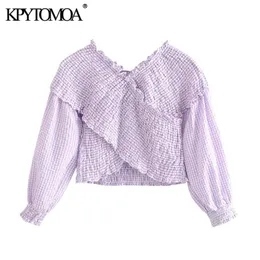 KPYTOMOA Frauen Süße Mode Gesmokt Elastische Asymmetrische Cropped Blusen Vintage V-ausschnitt Langarm Weibliche Shirts Chic Tops 210225